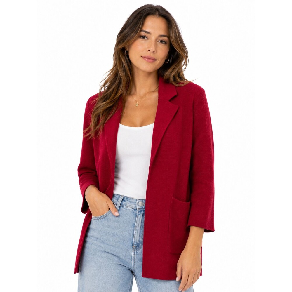 Quince Organic Cotton Knit Blazer Jacket Dark Red Size Medium Pockets Preppy
